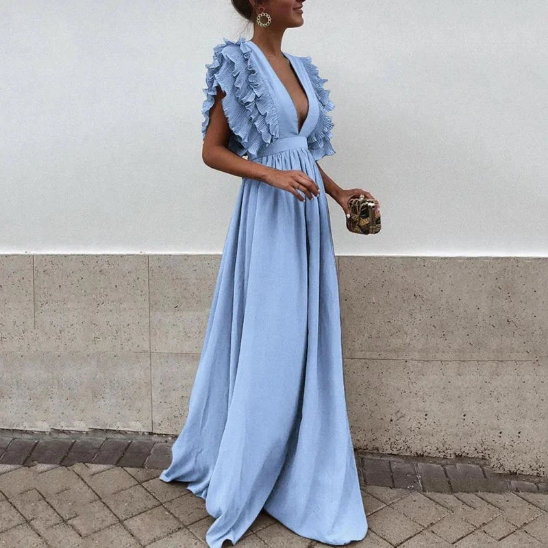 flowy feminine dresses Floral Print Puff Sleeve Square Neck Ruffle Midi Dress Romantic Flow Ro + Ivy
