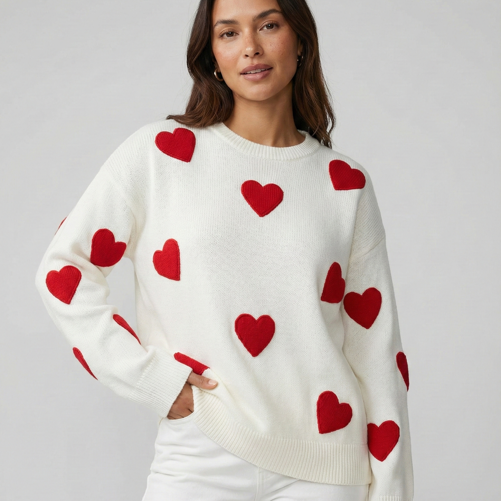 Pull décontracté femme motif cœur rouge blanc