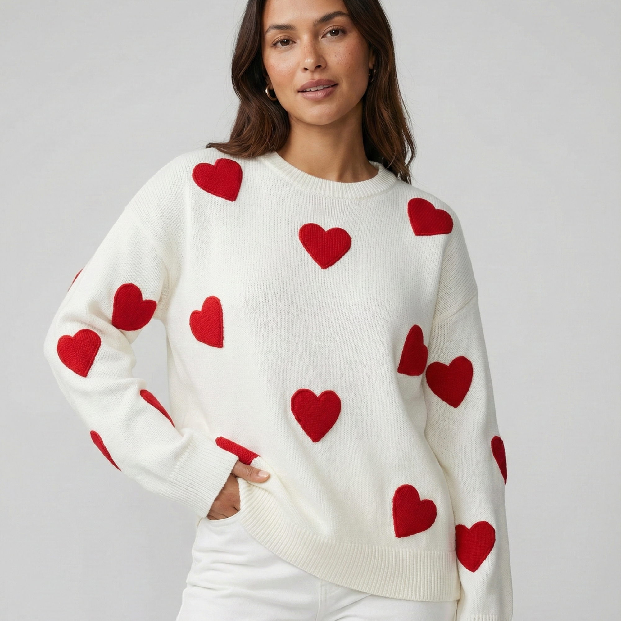 Pull décontracté femme motif cœur rouge blanc