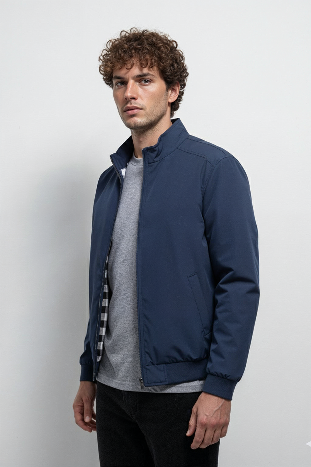 Veste Bombardier Légère à Ourlet Côtelé et Col Montant | Lucien – Bleu Marine