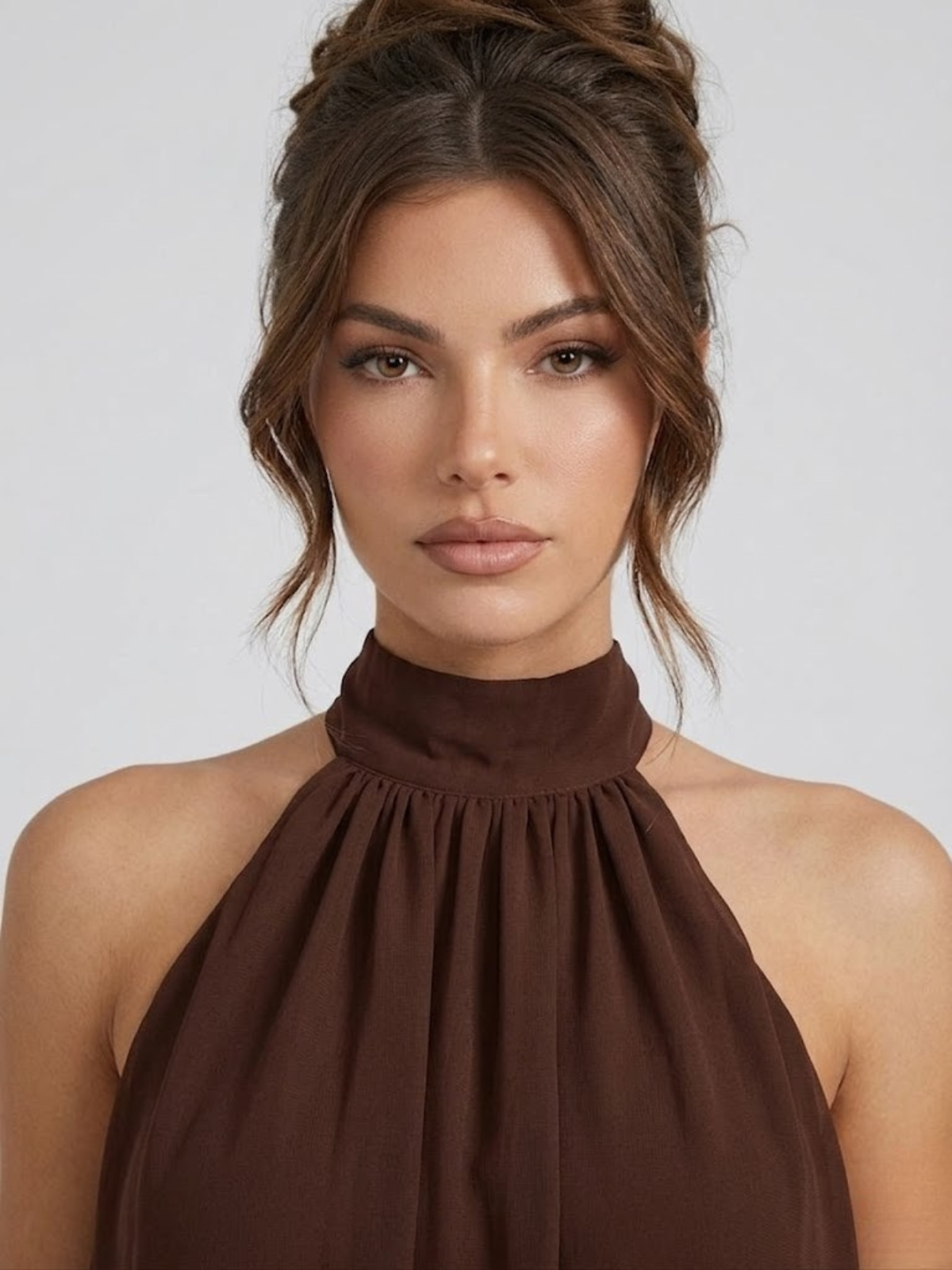Robe courte col montant, dos nu halter. Volants étagés.