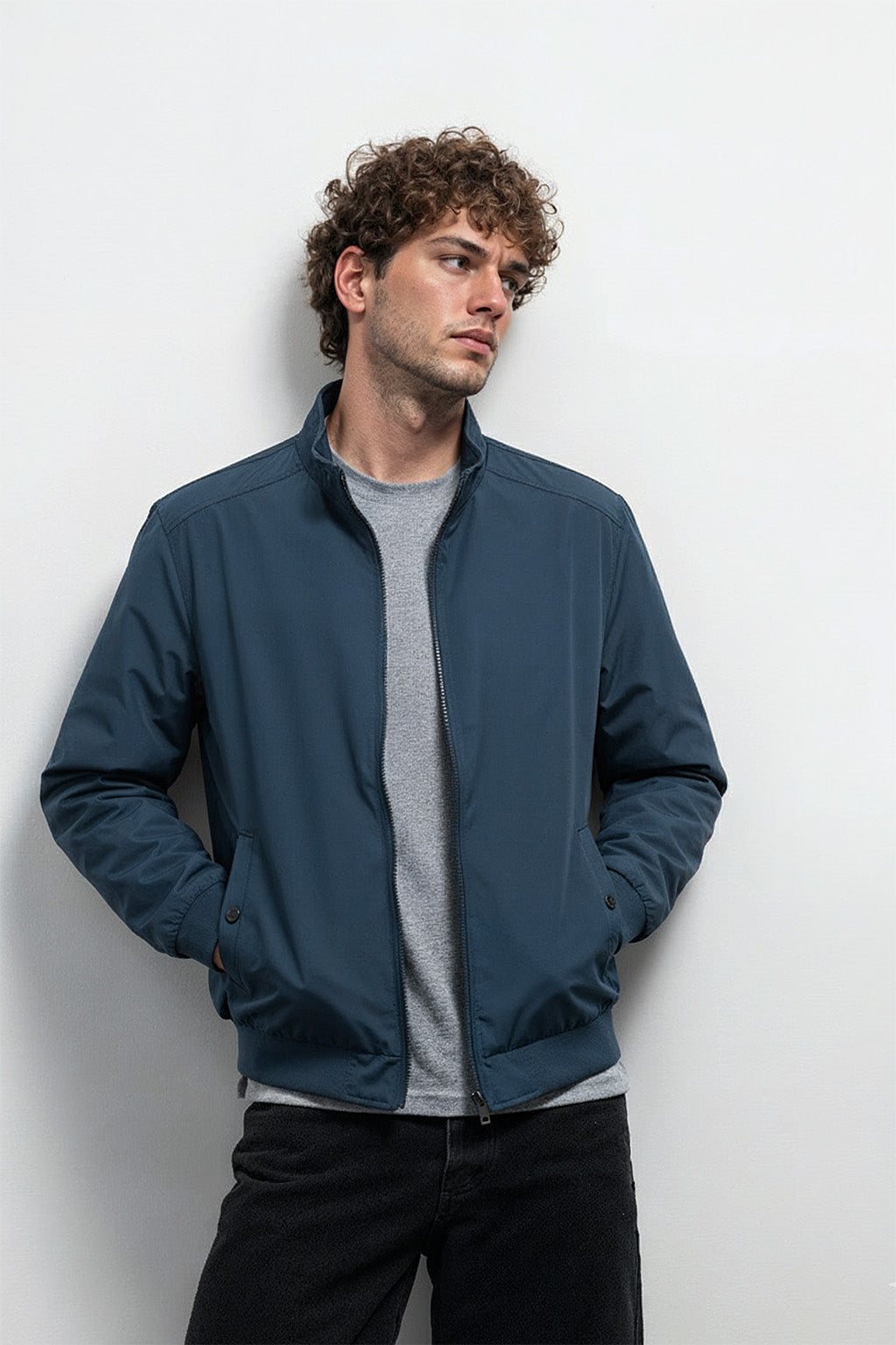 Veste Bombardier Légère à Ourlet Côtelé et Col Montant | Mathieu – Bleu