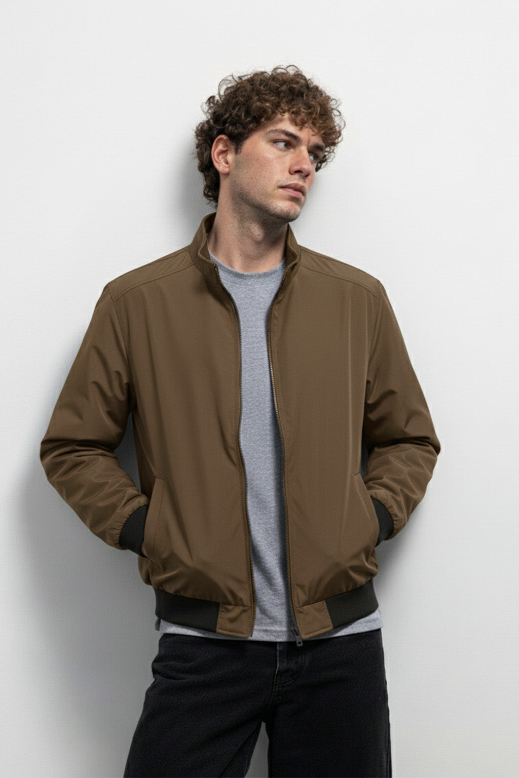 Veste Bombardier Légère à Ourlet Côtelé et Col Montant | Julien – Marron Moka