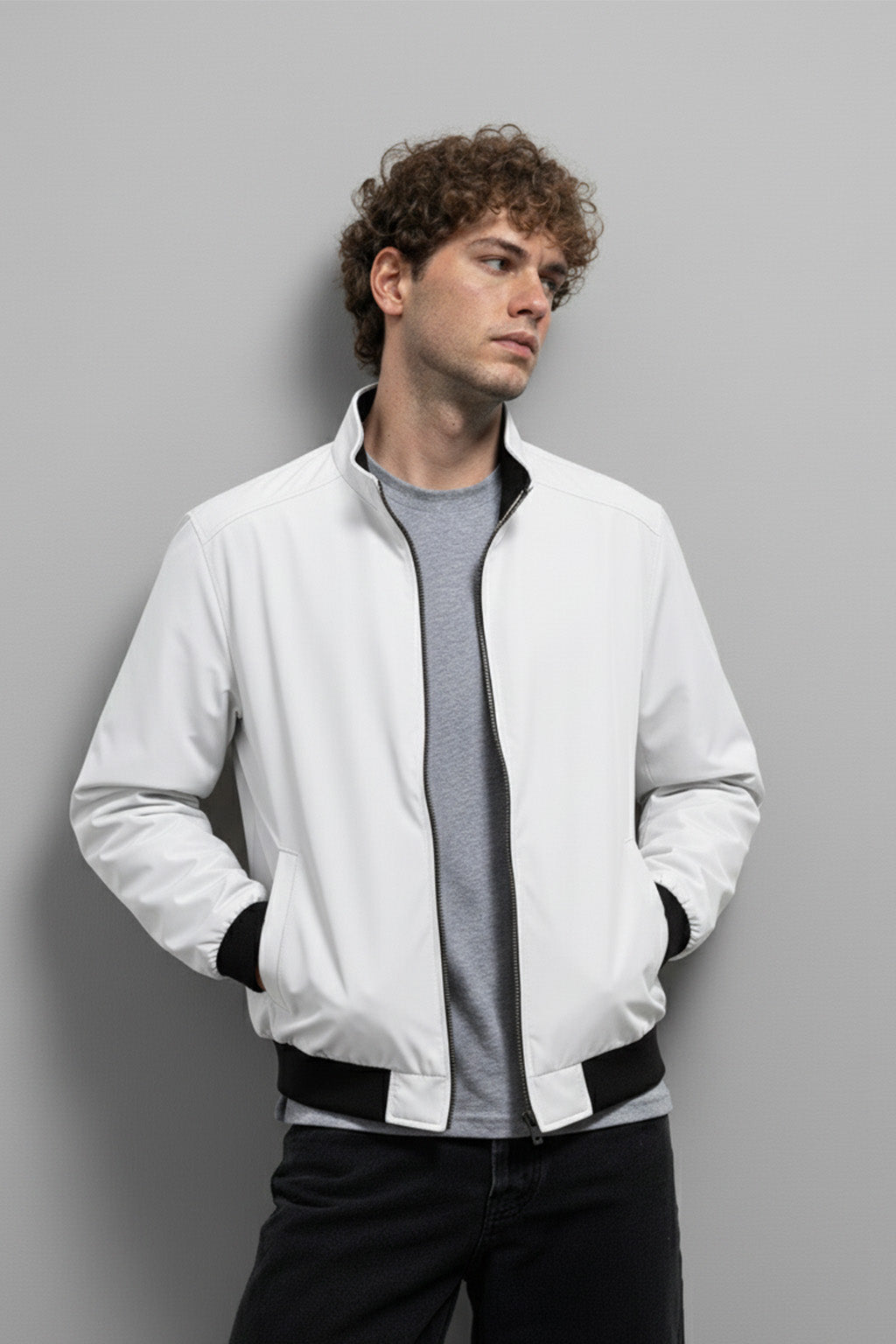 Veste Bombardier Légère à Ourlet Côtelé et Col Montant | Hugo – Blanc