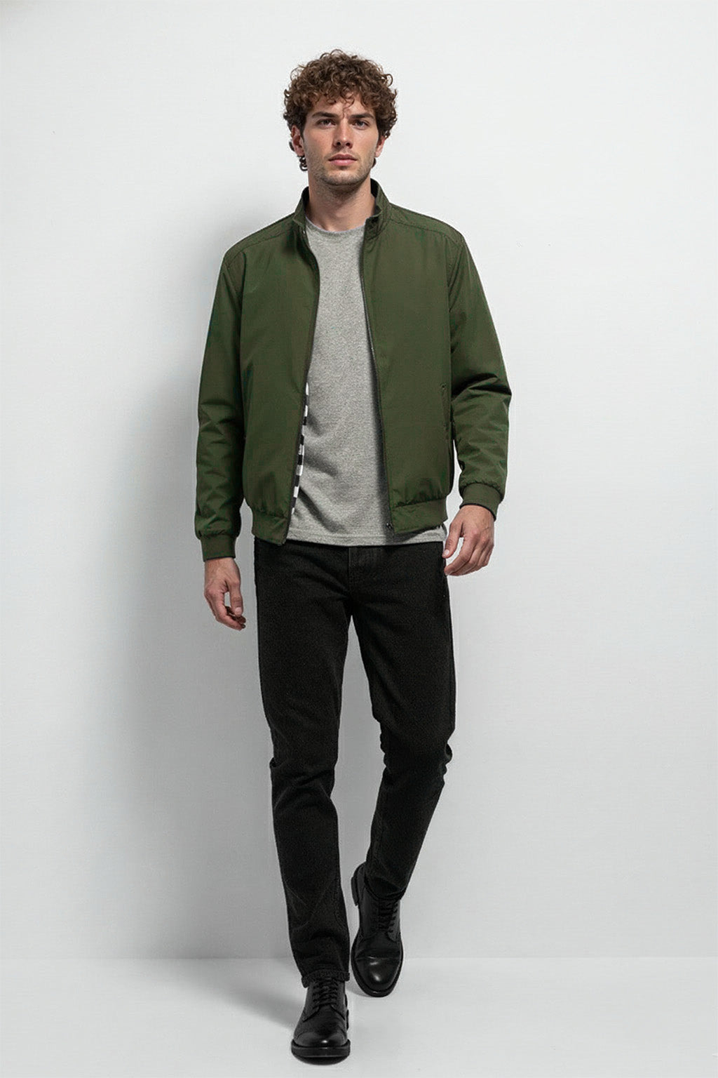 Veste Bombardier Légère à Ourlet Côtelé et Col Montant | Laurent – Vert Forêt