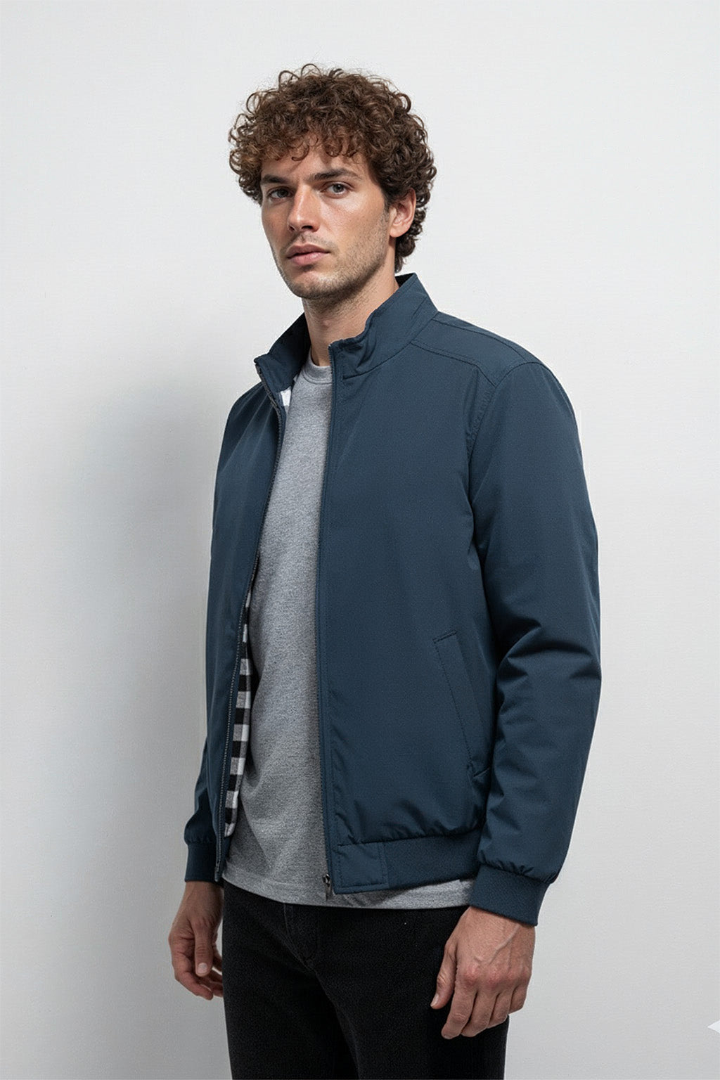 Veste Bombardier Légère à Ourlet Côtelé et Col Montant | Mathieu – Bleu