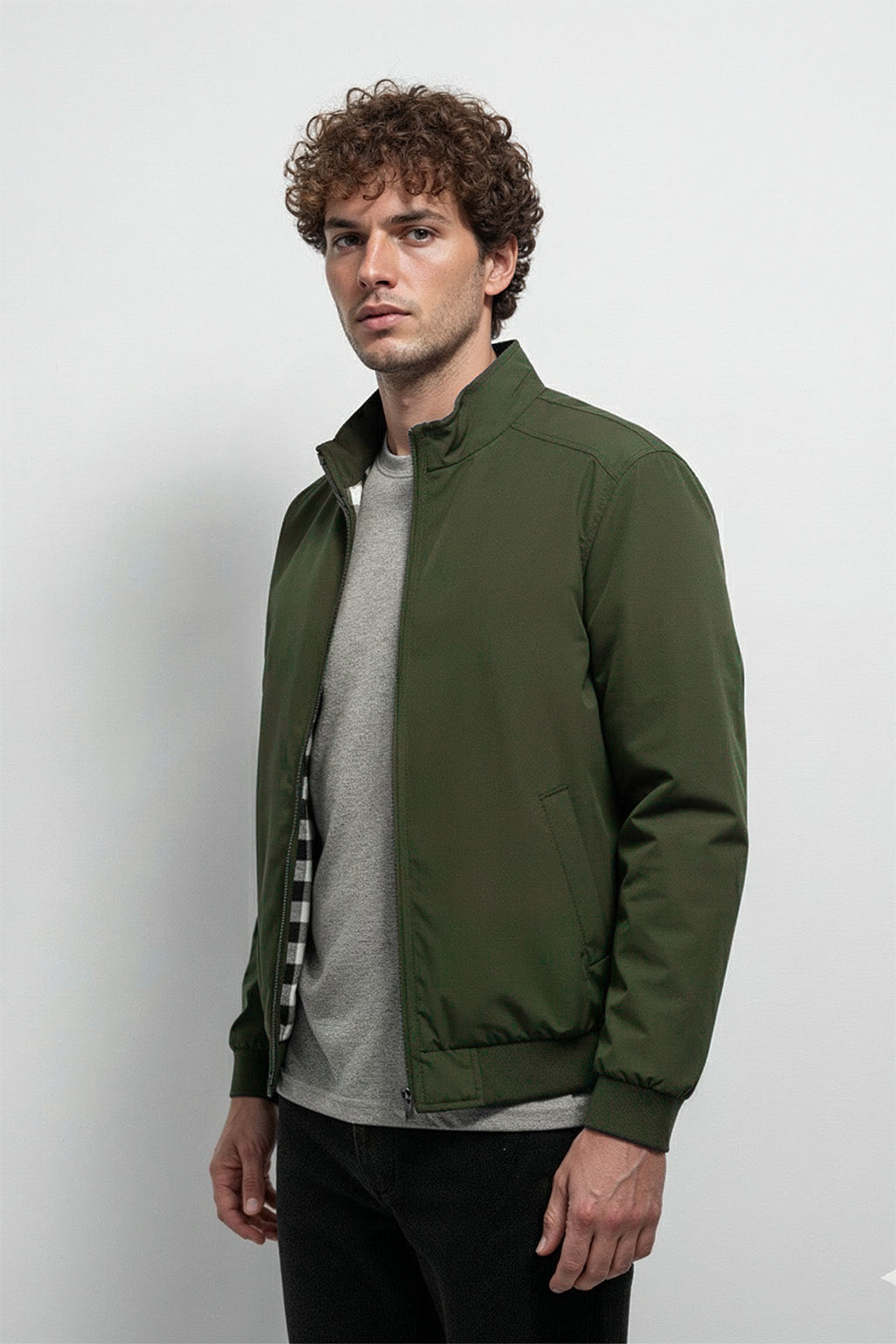 Veste Bombardier Légère à Ourlet Côtelé et Col Montant | Laurent – Vert Forêt