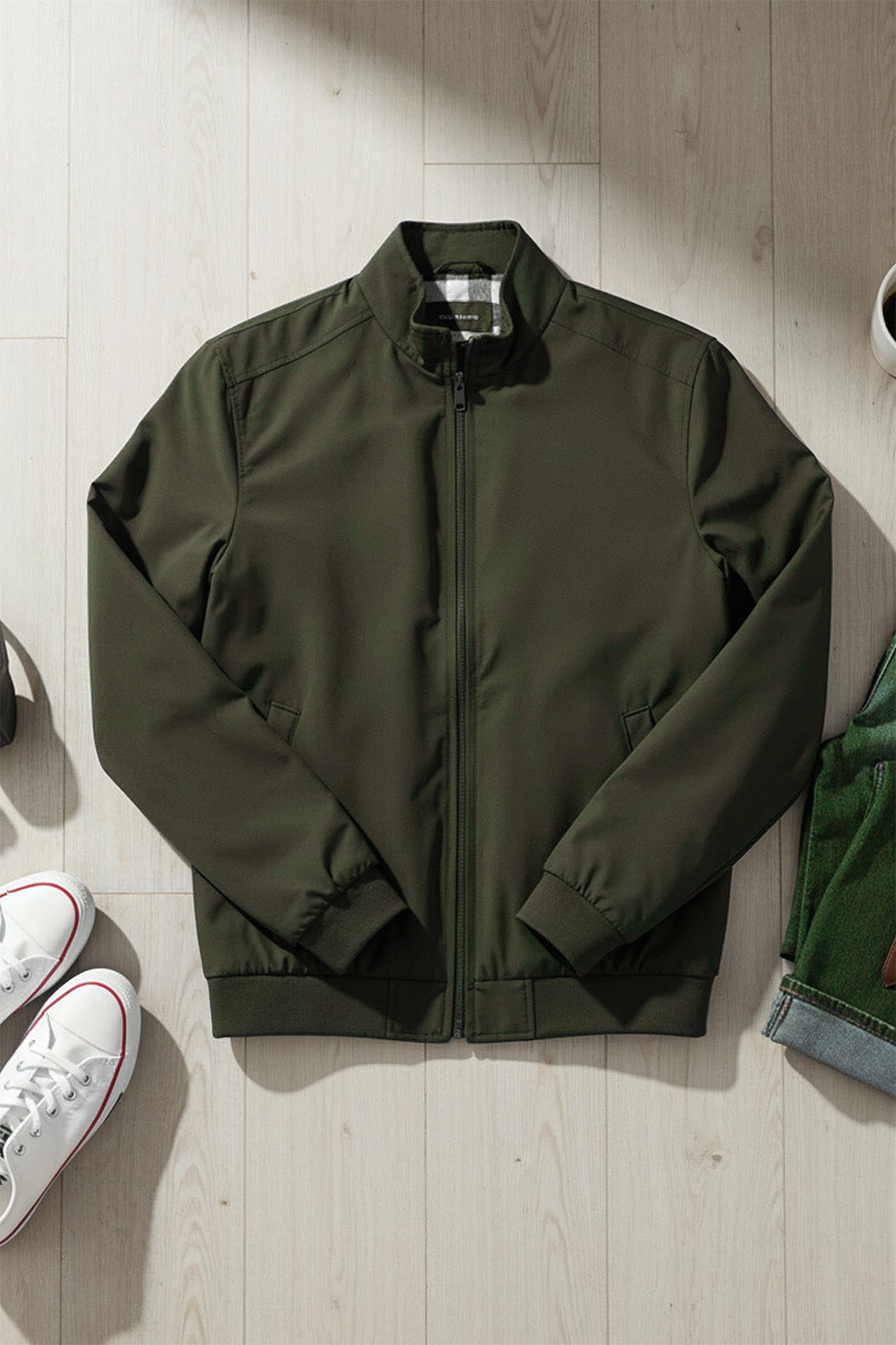 Veste Bombardier Légère à Ourlet Côtelé et Col Montant | Laurent – Vert Forêt