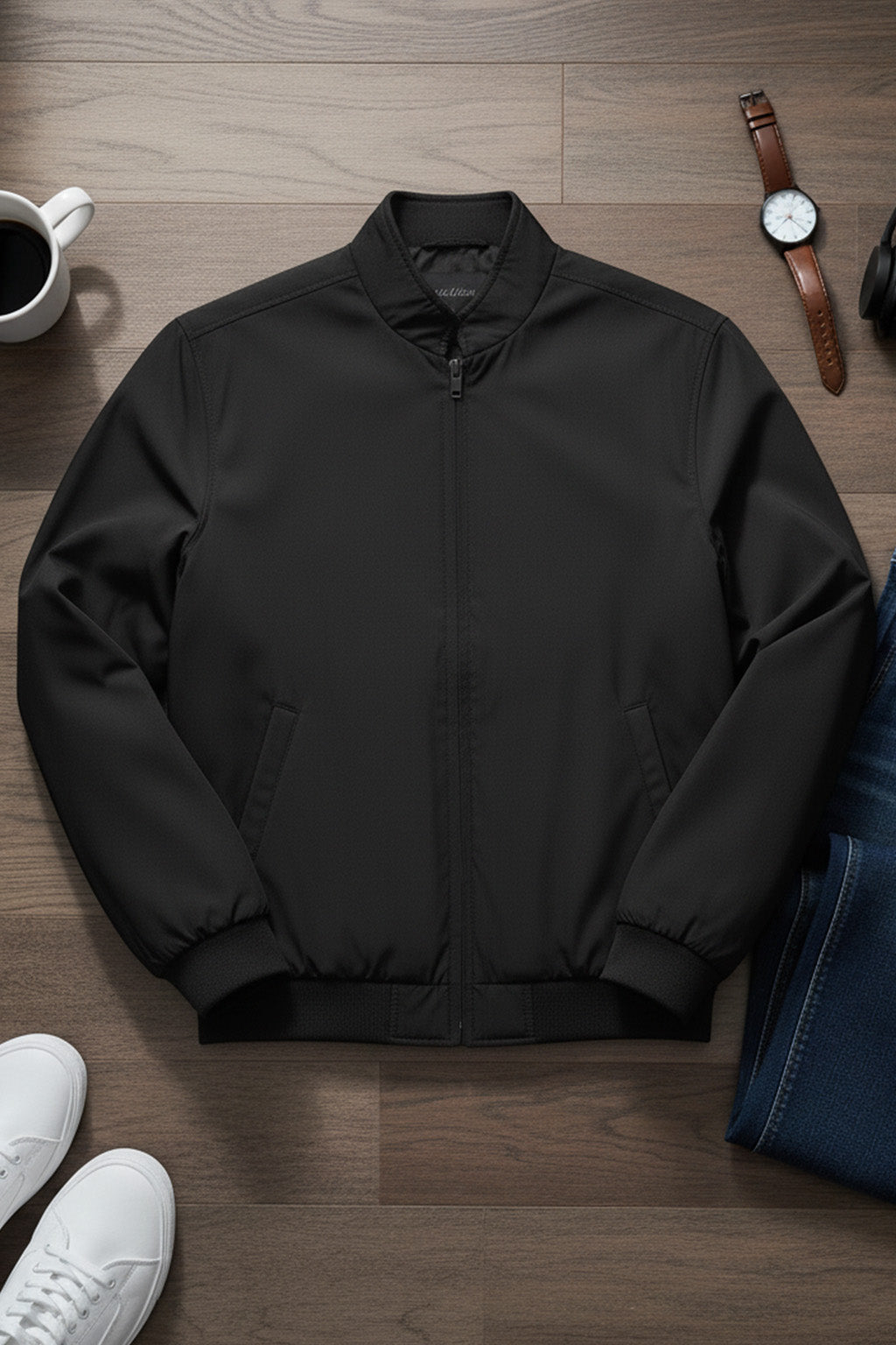 Veste Bombardier Légère à Ourlet Côtelé et Col Montant | Marc – Noir