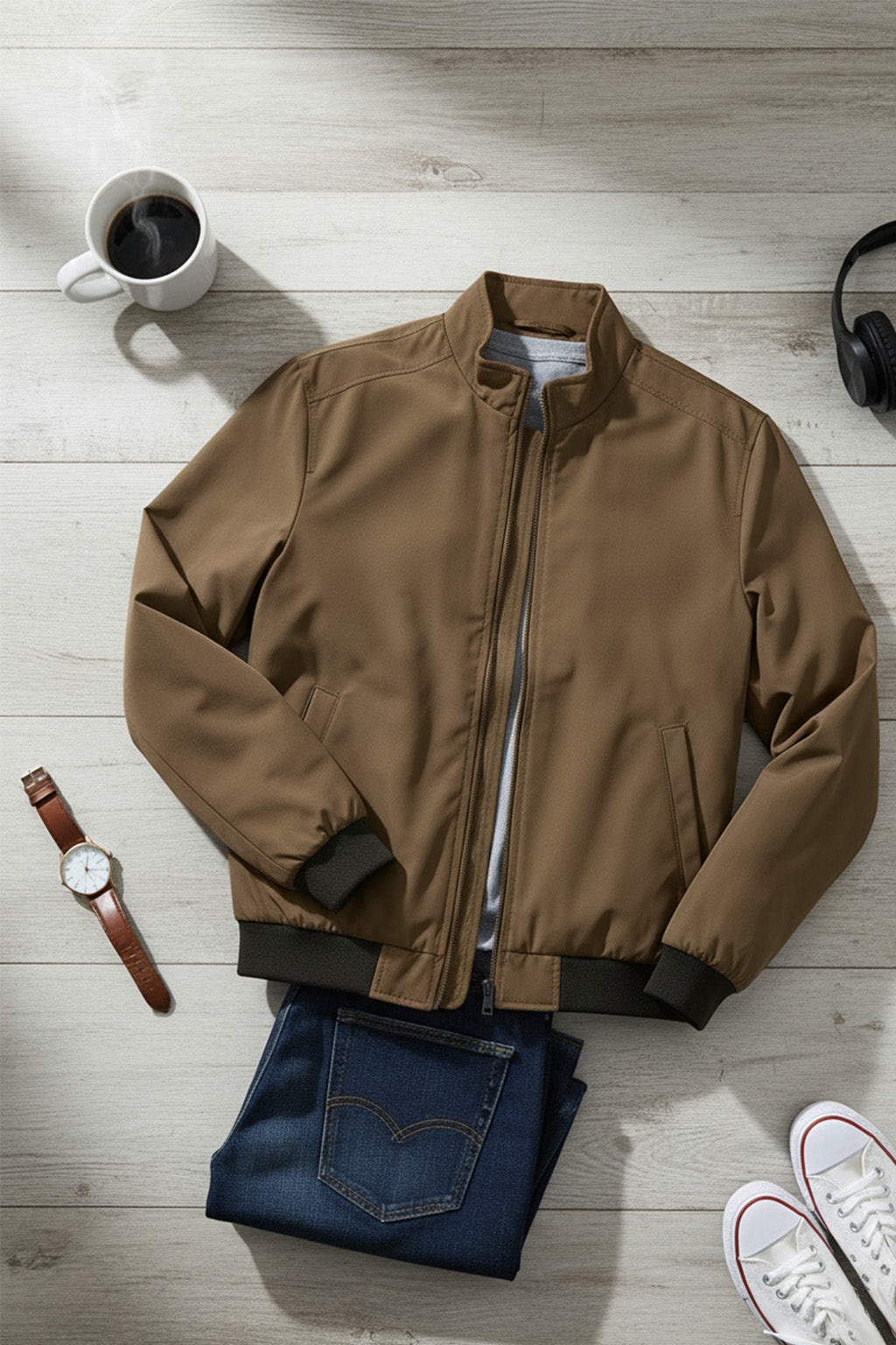 Veste Bombardier Légère à Ourlet Côtelé et Col Montant | Julien – Marron Moka