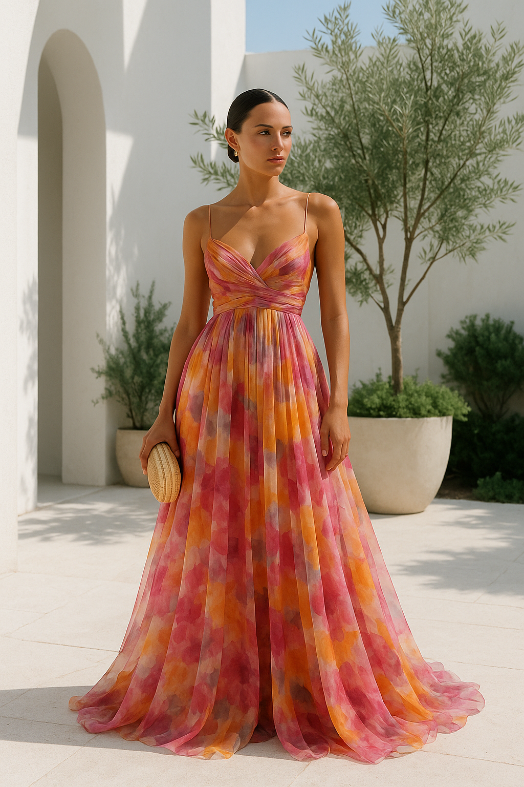 Robe longue multicolore, fines bretelles, décolleté en V, coupe fluide.