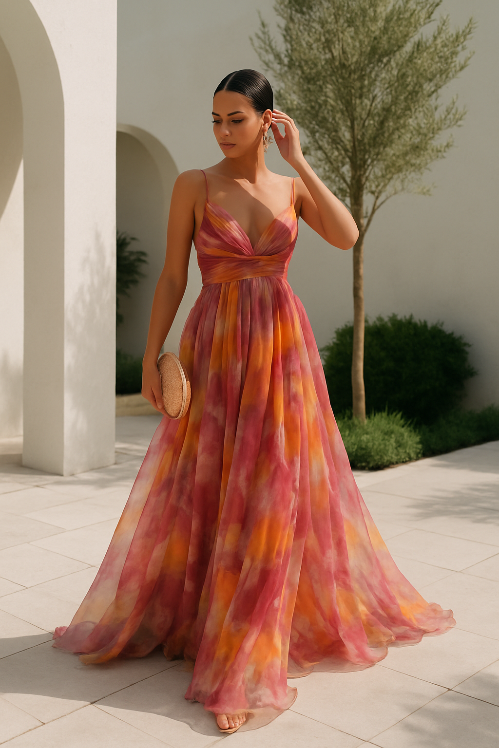 Robe longue fluide multicolore, fines bretelles et décolleté en V.