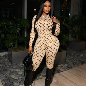 Women's jumpsuit with moon print, long sleeves, round neck