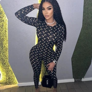 Women's jumpsuit with moon print, long sleeves, round neck