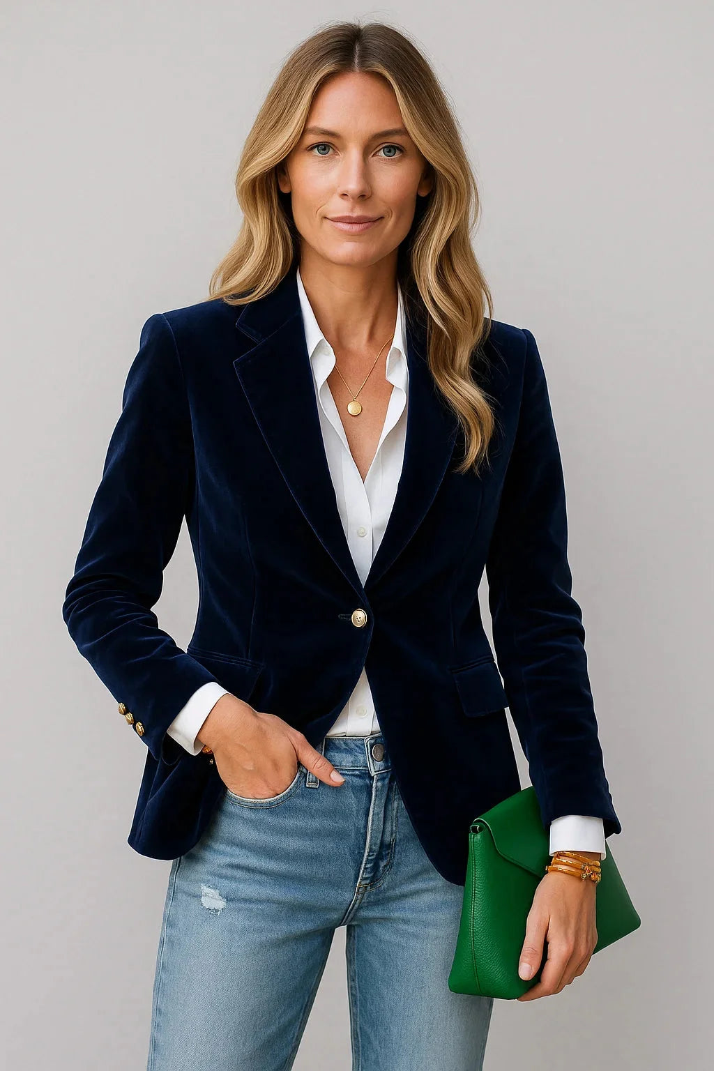 Blazer femme ajusté en velours vert foncé avec fermeture un bouton et coupe élégante.