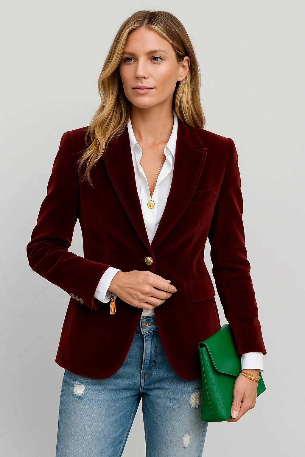 Blazer ajusté en velours vert foncé pour femme, avec fermeture à un bouton et col revers.