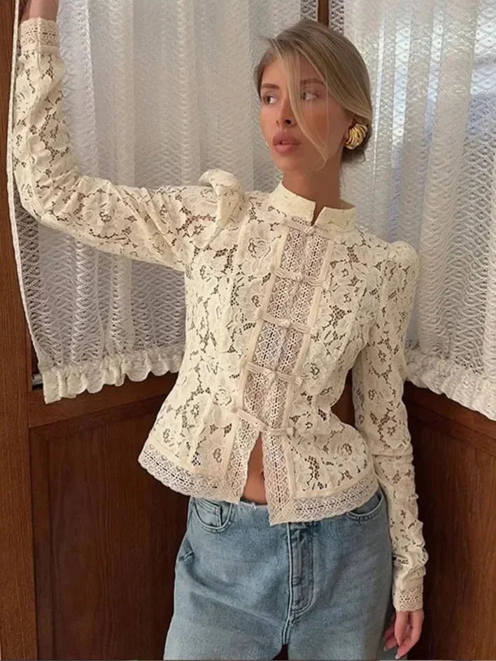 Blouse en dentelle noire, col montant, manches longues, tissu transparent avec des détails raffinés.