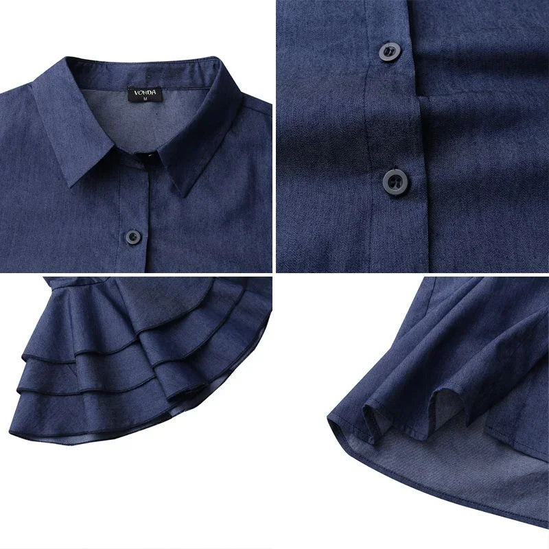 Blouse femme bleue en tissu léger, avec manches volantées modernes et silhouette élégante pour divers looks.