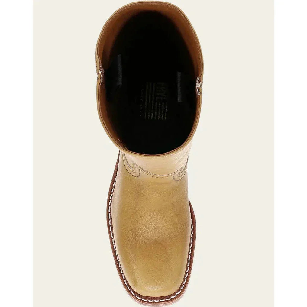 Bottes femme style cowboy hauteur genou en cuir marron foncé avec talon stable.