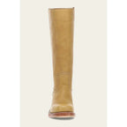 Bottes femme en cuir marron foncé, hauteur genou, avec coutures typiques et talon stable.