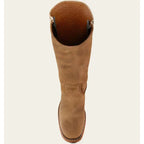 Bottes femme style cowboy hauteur genou en daim marron foncé avec talon et design classique.