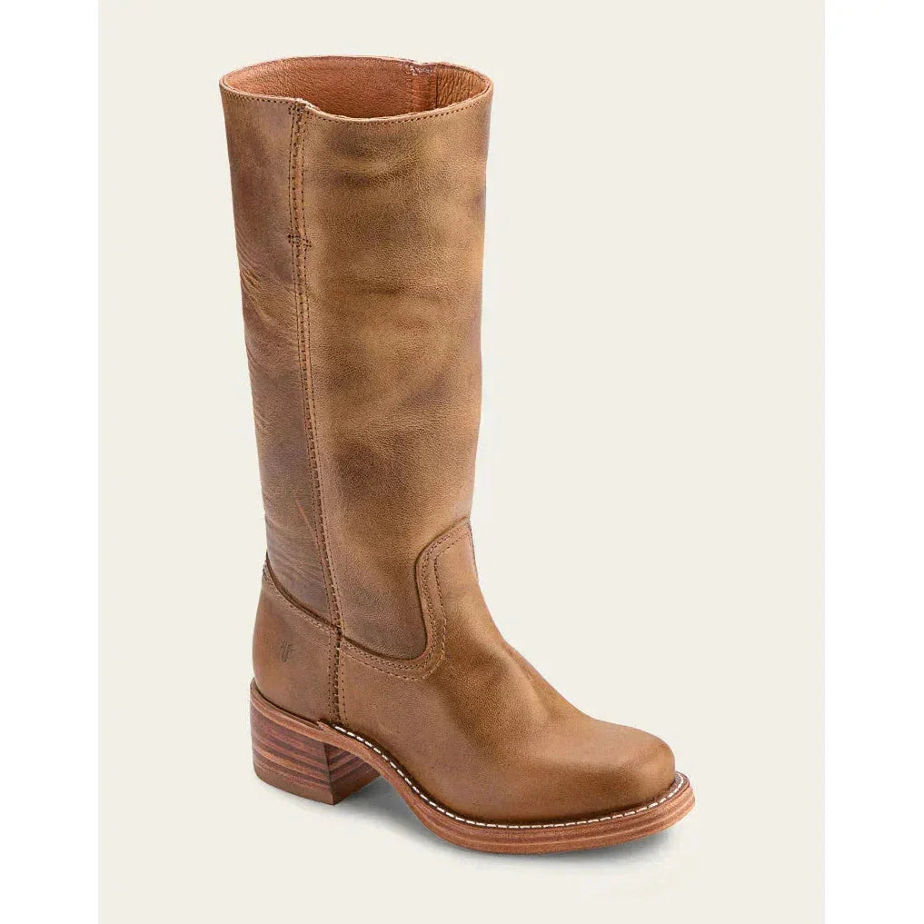 Bottes femme style cowboy hauteur genou en cuir marron foncé, avec talon bloc moyen et coutures décoratives.