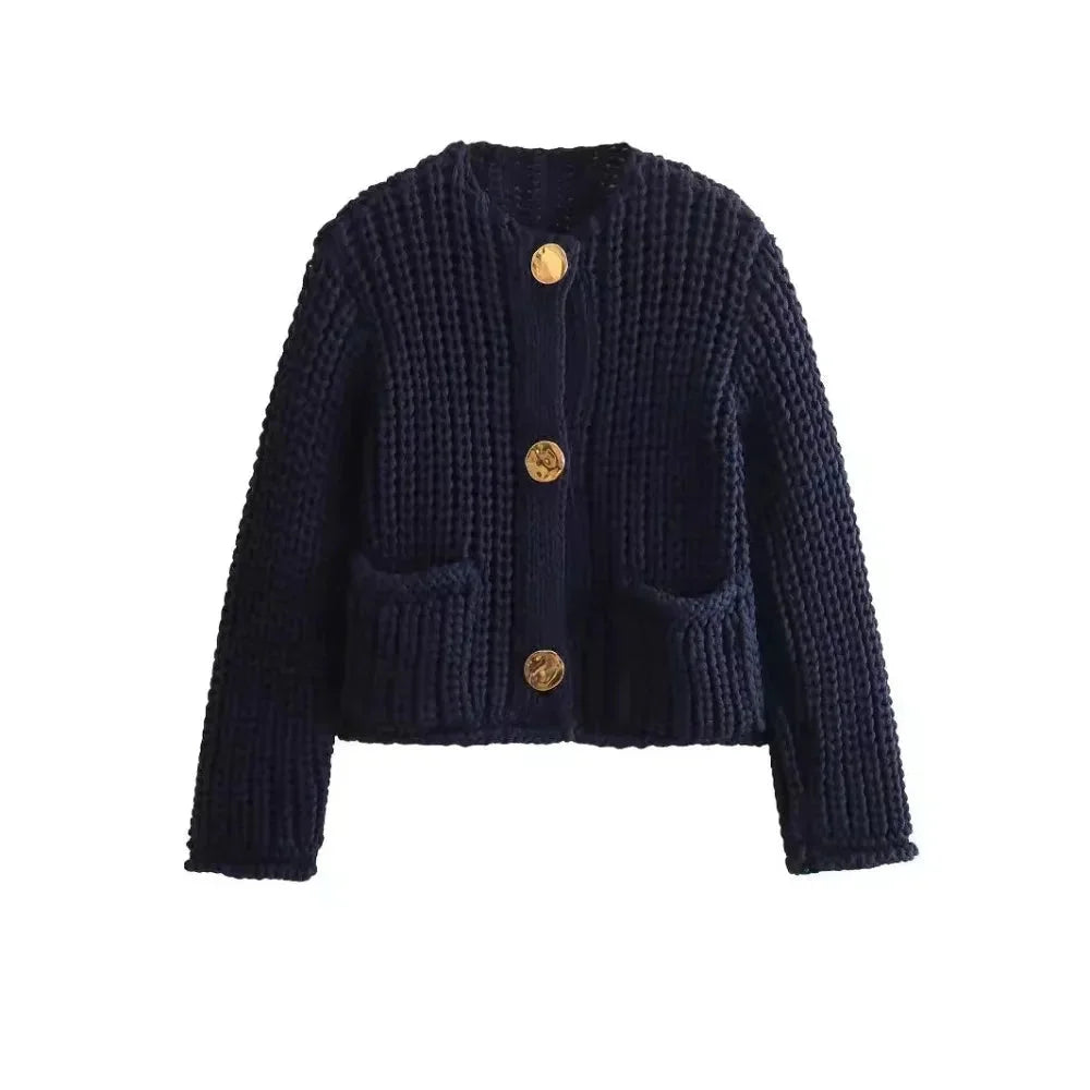 Dunkelblauer, lockerer Cardigan für Frauen mit Knöpfen, aus weichem Material, ideal für lässige Outfits.