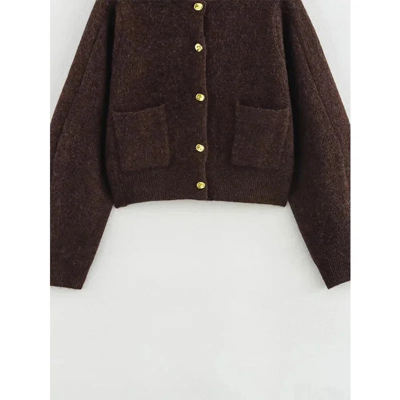 Cardigan femme brun en tricot avec poches, design décontracté adapté pour le quotidien.