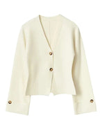 Beige Cardigan für Frauen mit Knöpfen, V-Ausschnitt und weichem Material, ideal für legere Anlässe.