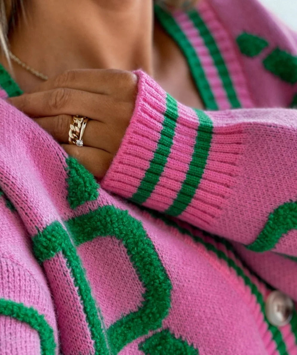Cardigan blanc à motifs géométriques pour femme, avec boutons, en mélange de coton pour un confort optimal.