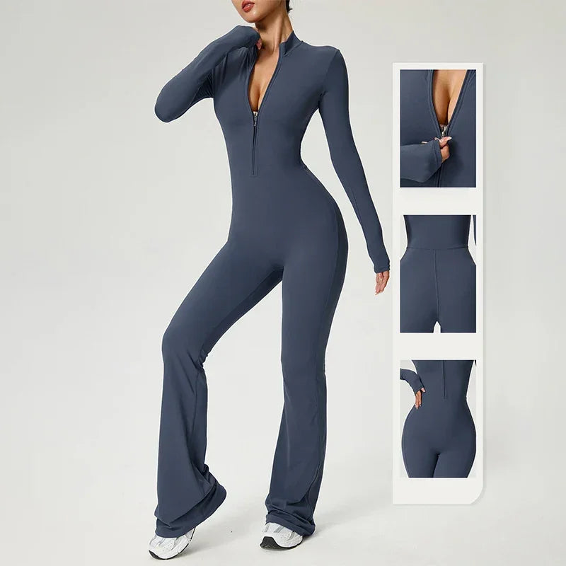 Combinaison de yoga femme à manches longues, en bleu, avec zip et tissu respirant pour faciliter les mouvements.