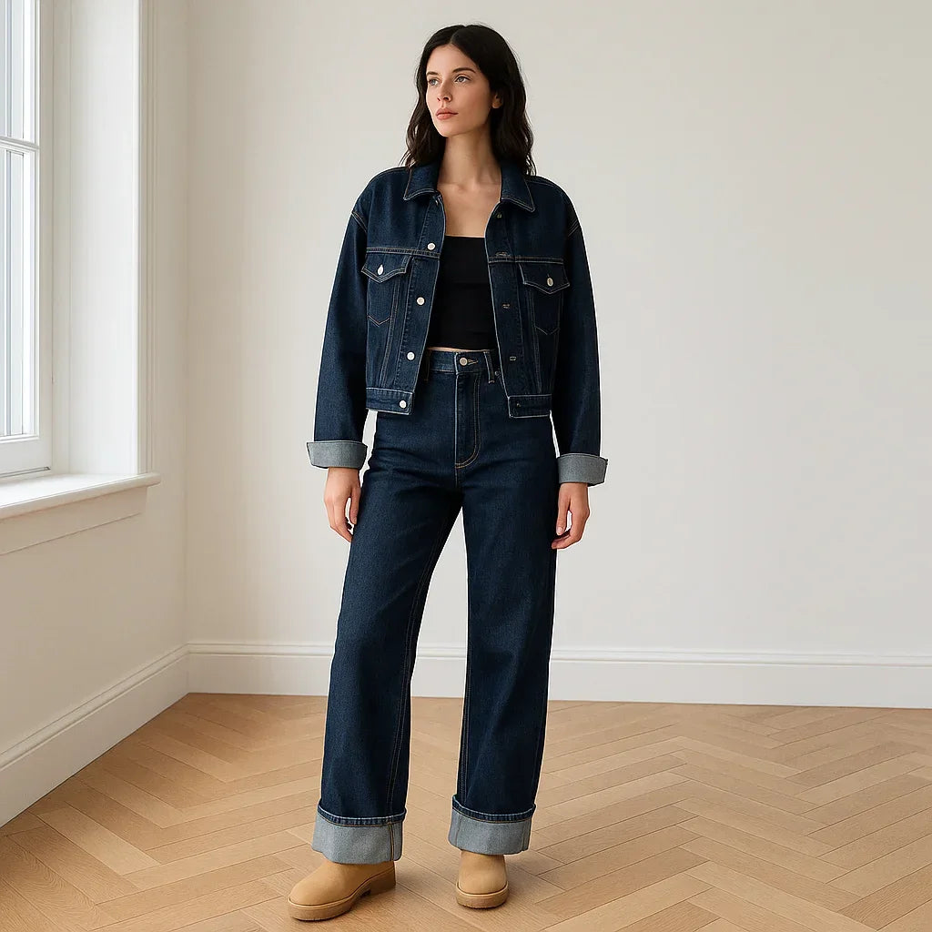 Ensemble en denim pour femme, comprenant une veste décontractée et un pantalon large.