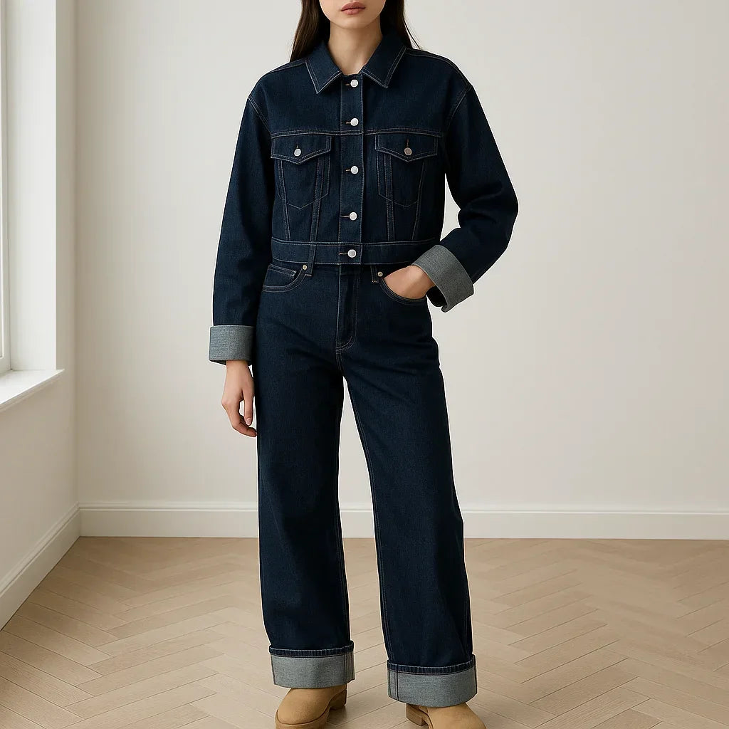 Ensemble en denim bleu pour femme, comprenant une veste et un pantalon large au design décontracté.