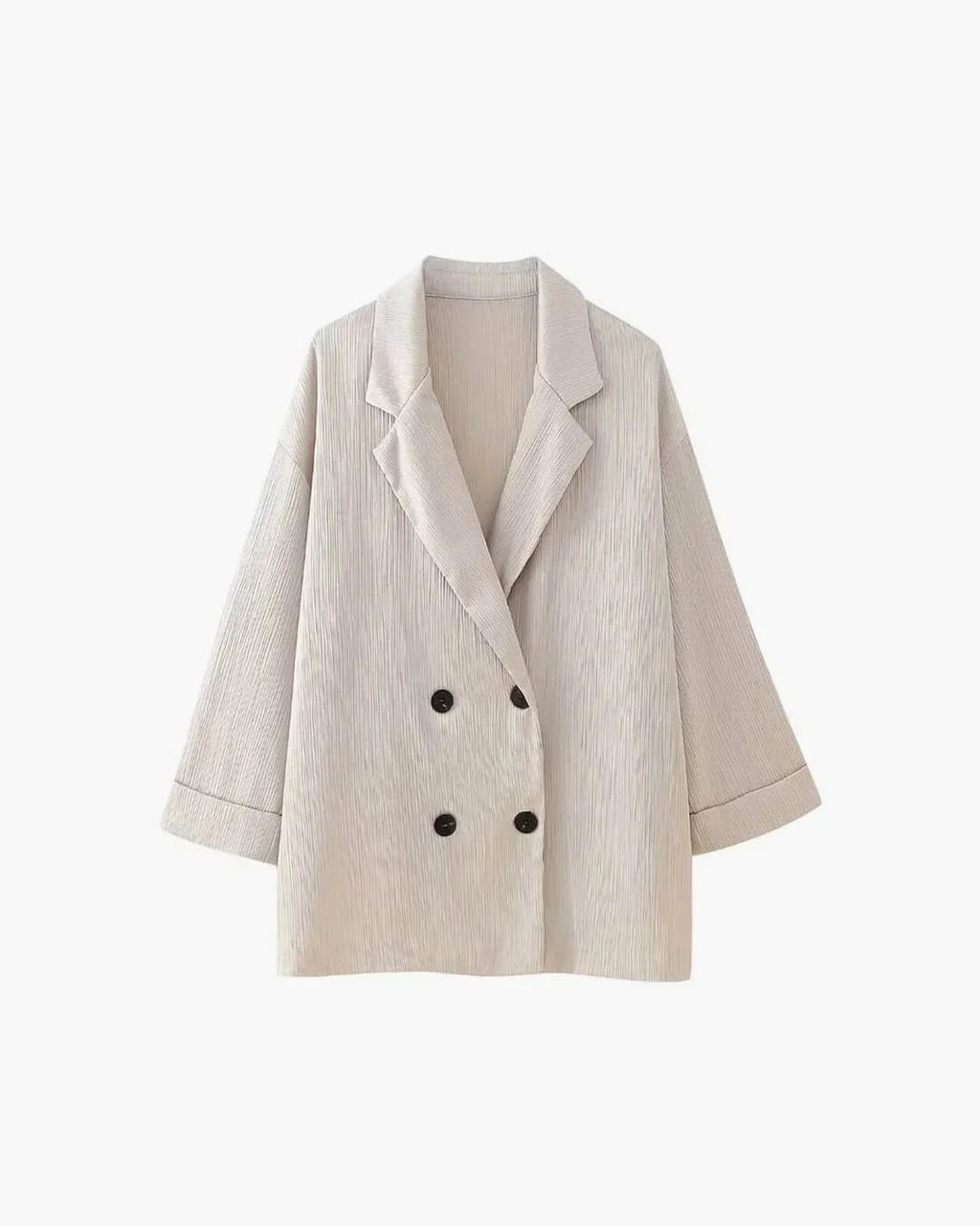 Ensemble femme en satin noir, coupe décontractée avec double boutonnage.