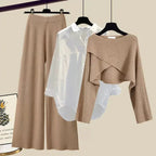 Ensemble femme trois pièces en coton respirant, coupe élégante et design classique, couleur beige.
