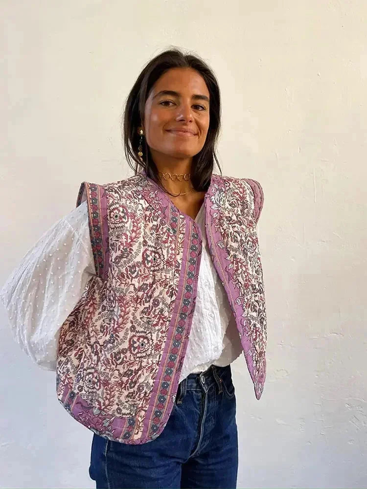 Gilet boho femme violet à imprimé floral et ethnique, en coton léger, adapté pour des occasions décontractées.