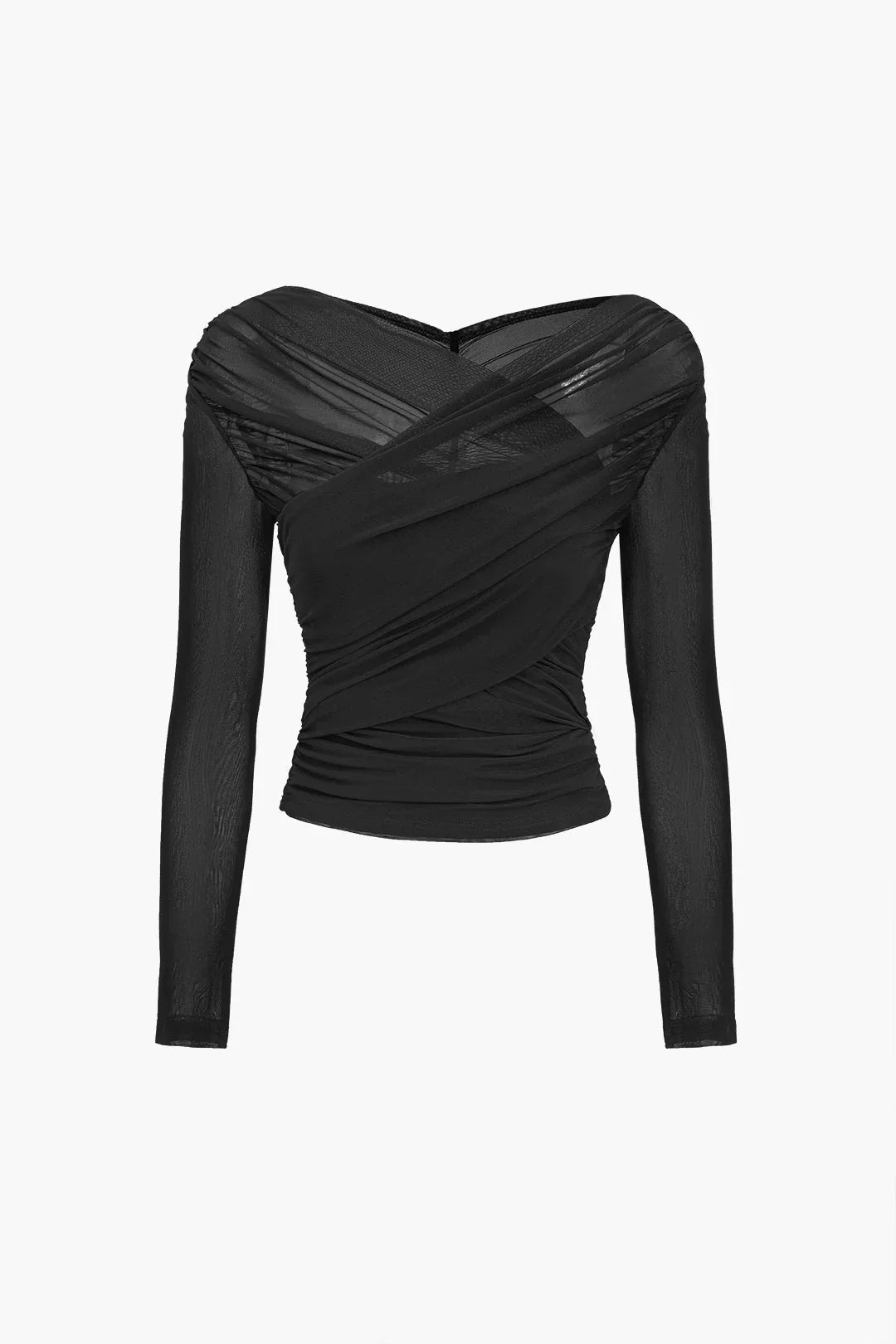 Haut femme noir à manches longues en tissu plissé transparent, adapté pour des occasions élégantes ou décontractées.