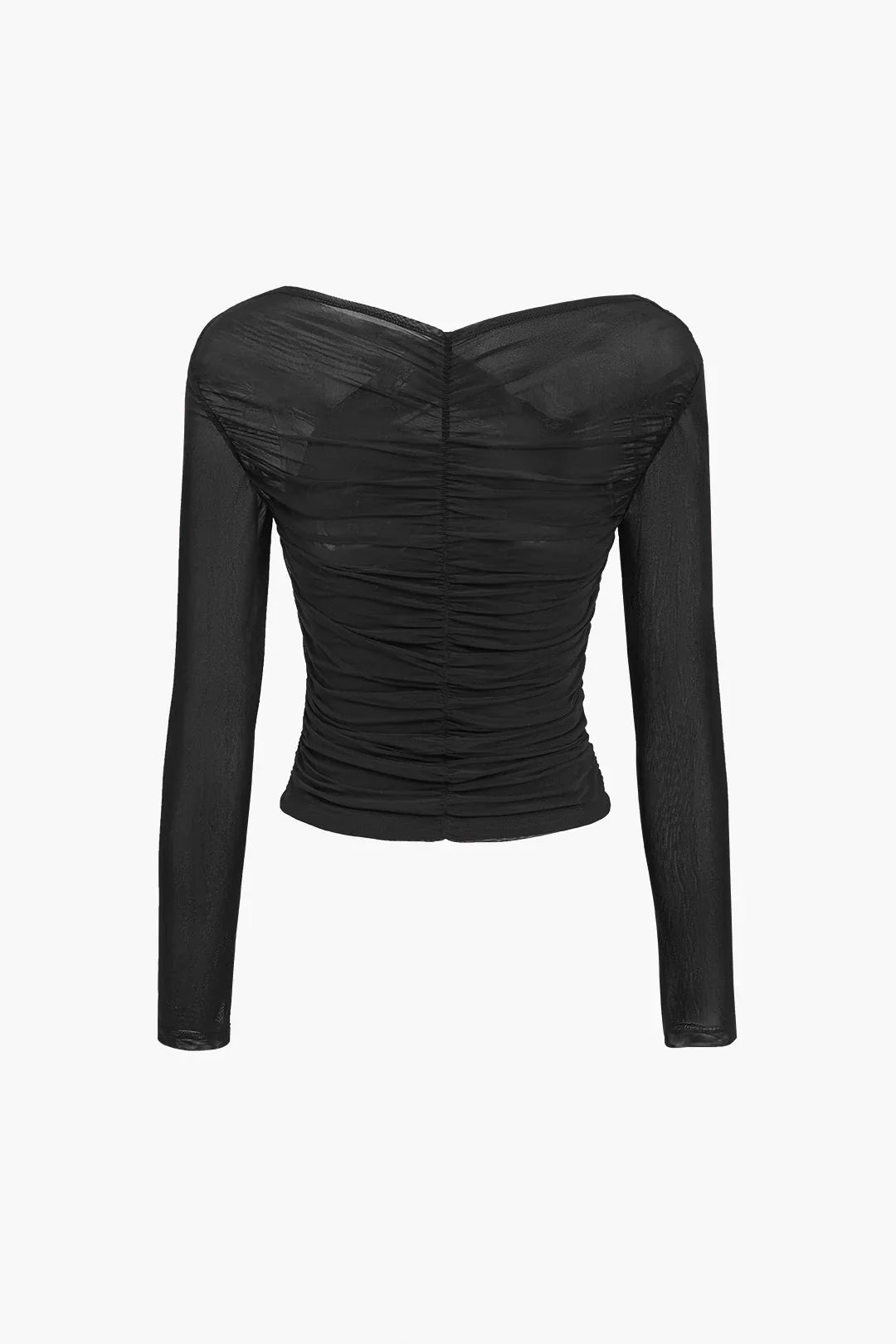 Haut femme noire à manches longues en tissu plissé transparent, coupe féminine et design élégant.