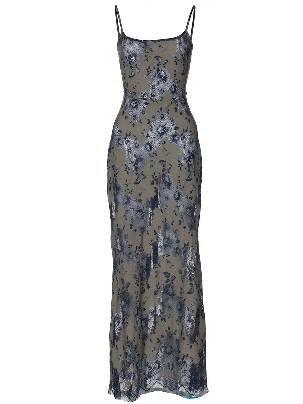 Maxi robe dos nu en dentelle florale bleue, bretelles fines, idéale pour les soirées d'été et les occasions spéciales.