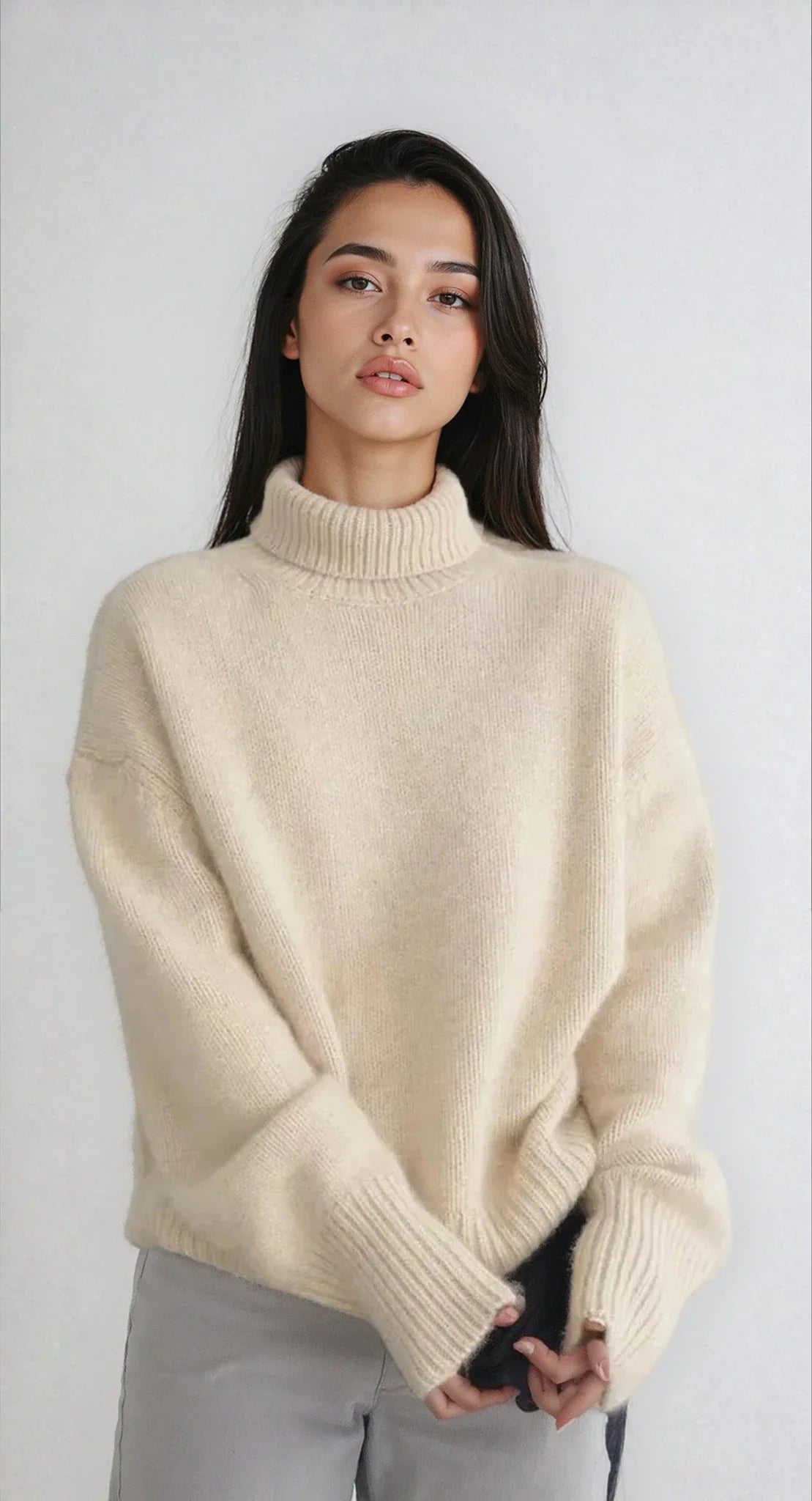 Pull à col roulé femme en beige, en matière douce, design simple, adapté pour les journées fraîches.