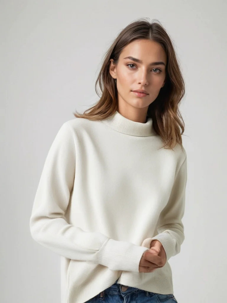 Weicher, figurbetonter Damen-Pullover mit hohem Kragen, aus angenehmer Strickware, ideal für den Herbst.