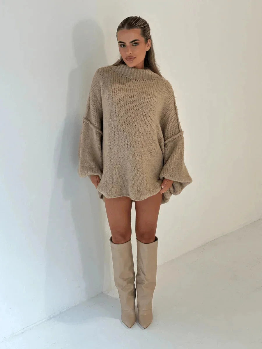 Beiger, weicher Pullover für Damen mit lässigem Schnitt und hohem Rollkragen, ideal für kühle Tage.