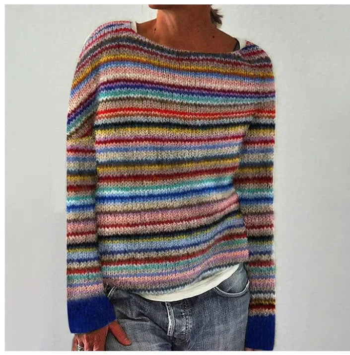 Retro gestreifter Pullover für Frauen, aus weichem, gestricktem Material, mit weitem Bootsausschnitt und lässigem Stil.