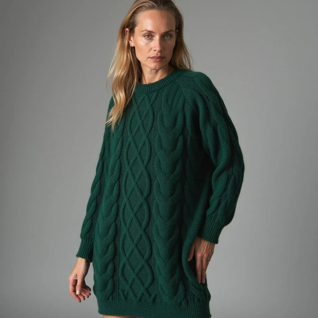 Pull femme crème à col rond, en tricot avec motif torsadé et texture douce.