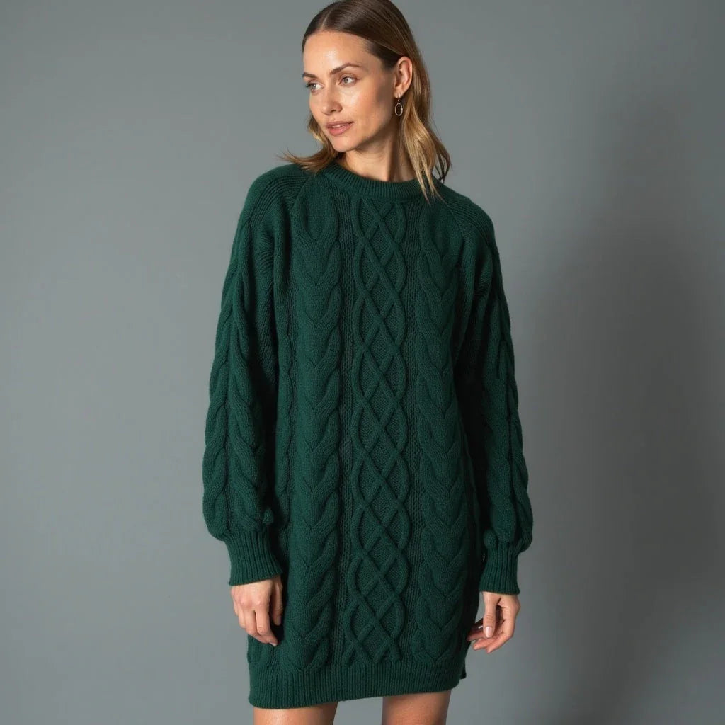 Pull femme vert à col rond, en tricot, avec motif torsadé pour un style décontracté.