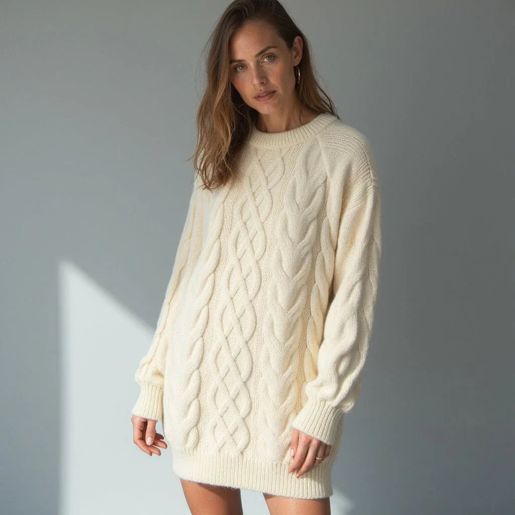 Pull femme crème à col rond, en tricot, avec motif torsadé.
