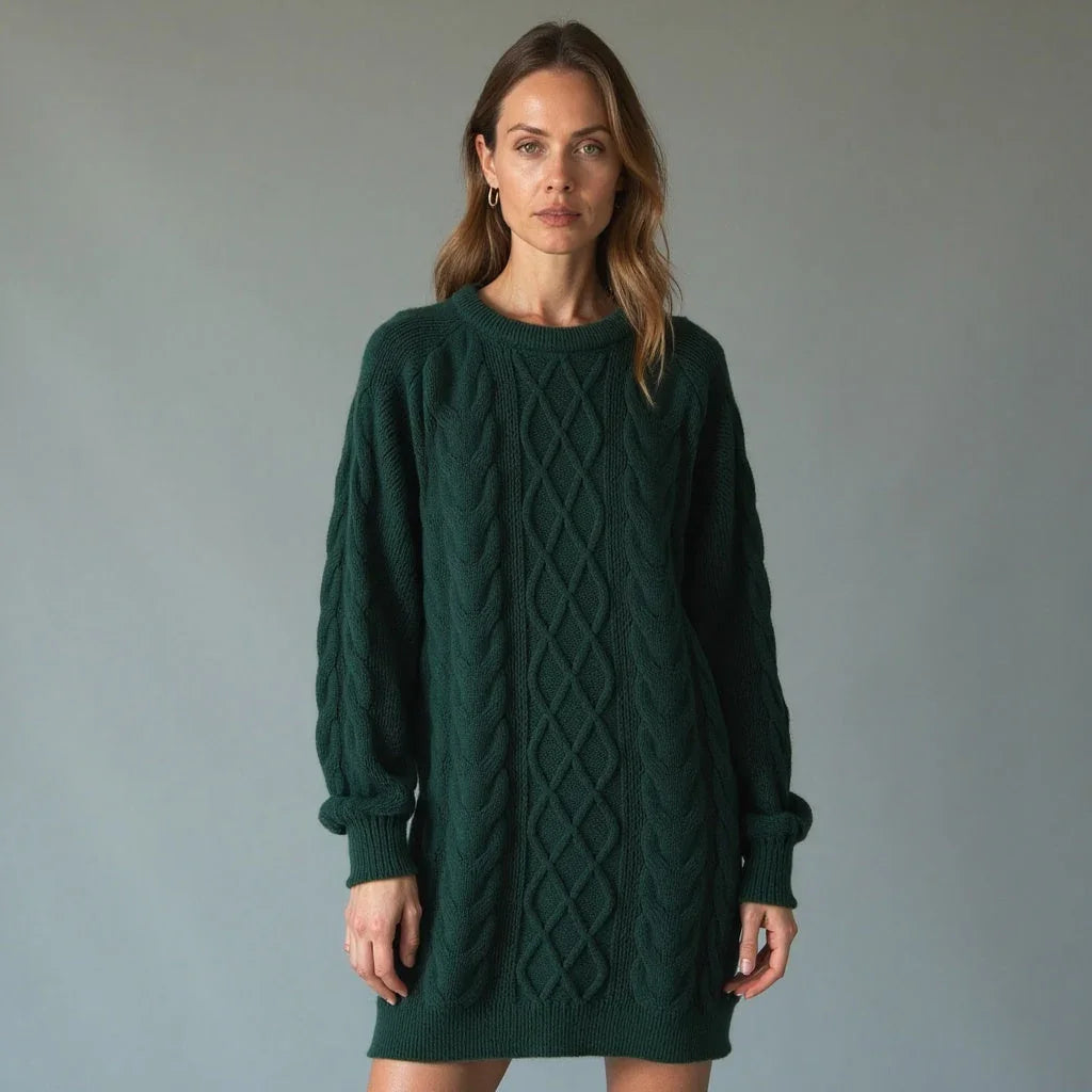Pull femme vert en tricot avec col rond et motif torsadé.