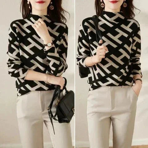 Pull femme décontracté noir et blanc à motif géométrique, en matière légère et douce.