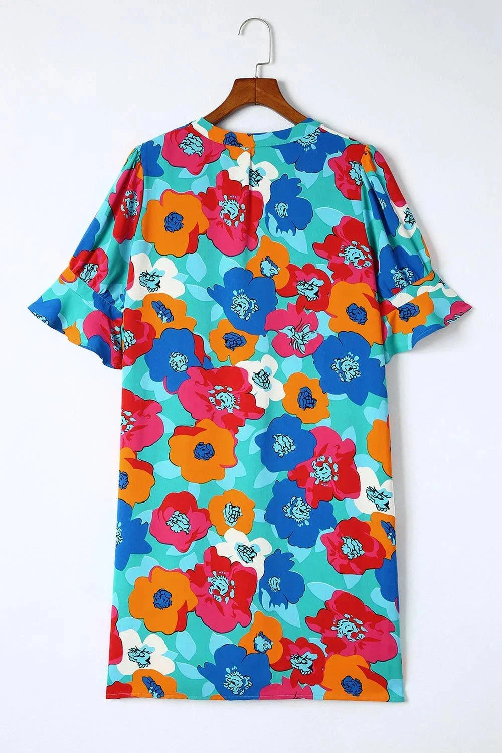 Robe courte à fleurs, col V, manches 3/4, en coton léger, idéale pour l'été et les vacances à la plage.