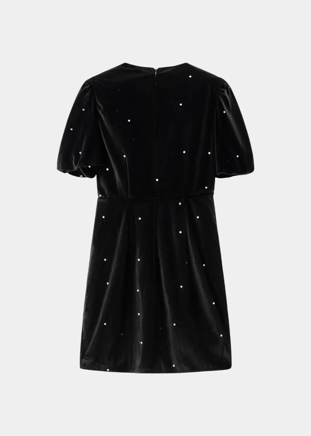 Robe courte à pois avec nœuds, manches bouffantes, en tissu léger, idéale pour une soirée. Design élégant et féminin.